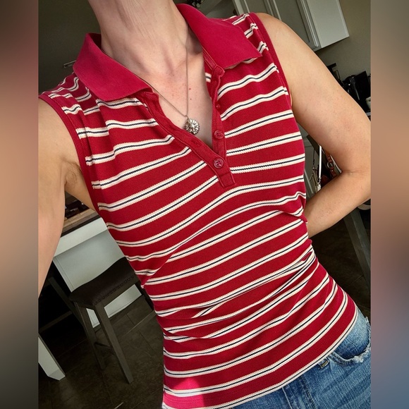 Vintage Tops - Vintage Striped Collared Tank Top Sleeveless Red M